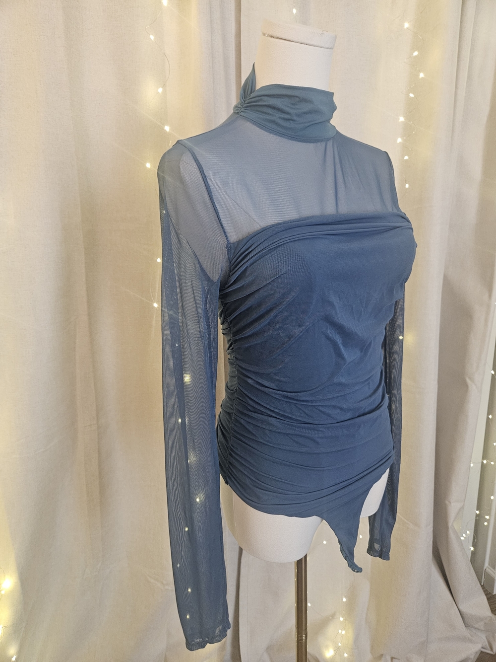 Ruched Sheer Mock Neck Long-Sleeve Top - Blue